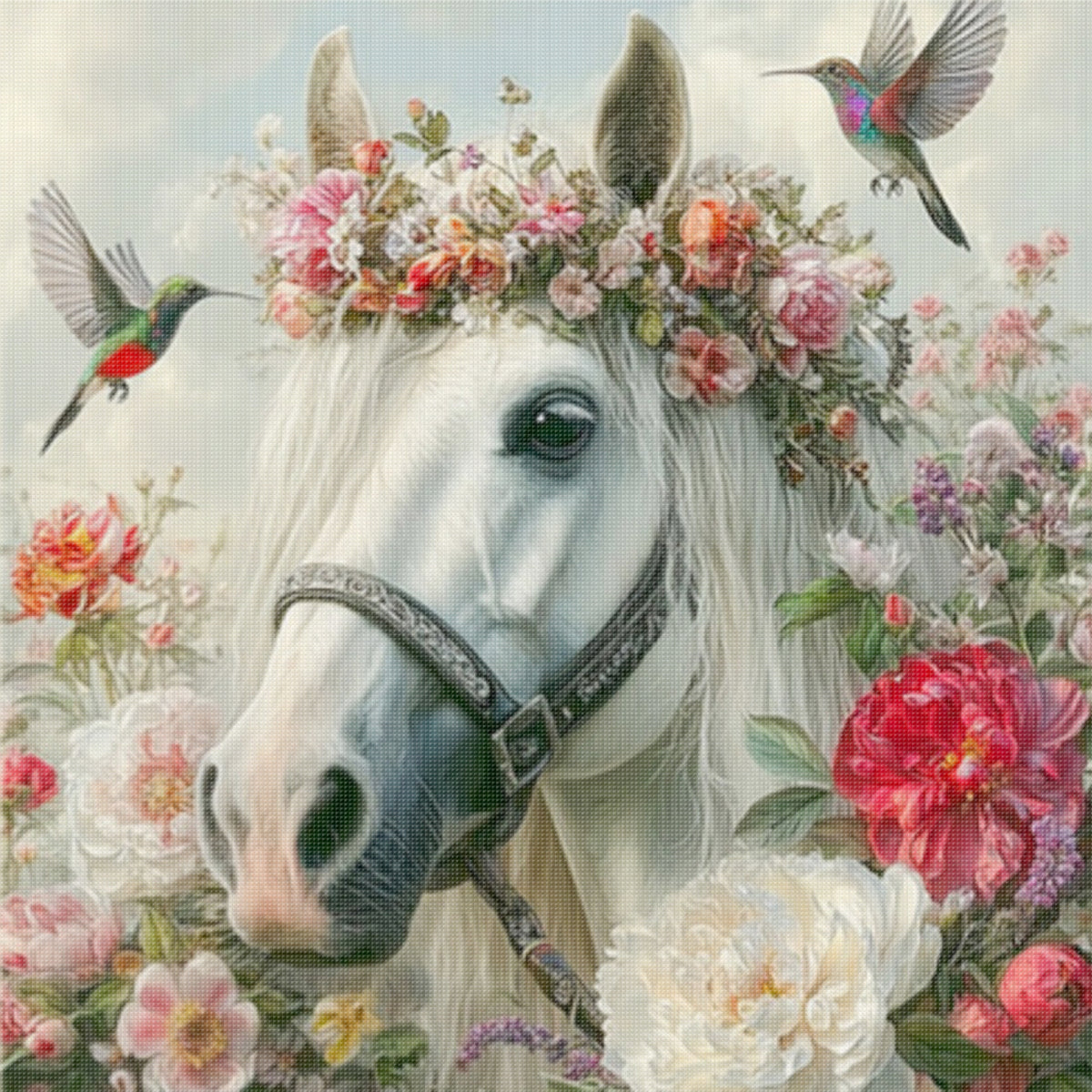 White Horse With Blossoms - Full 11CT Stamped Cross Stitch 40x40CM - Huacan