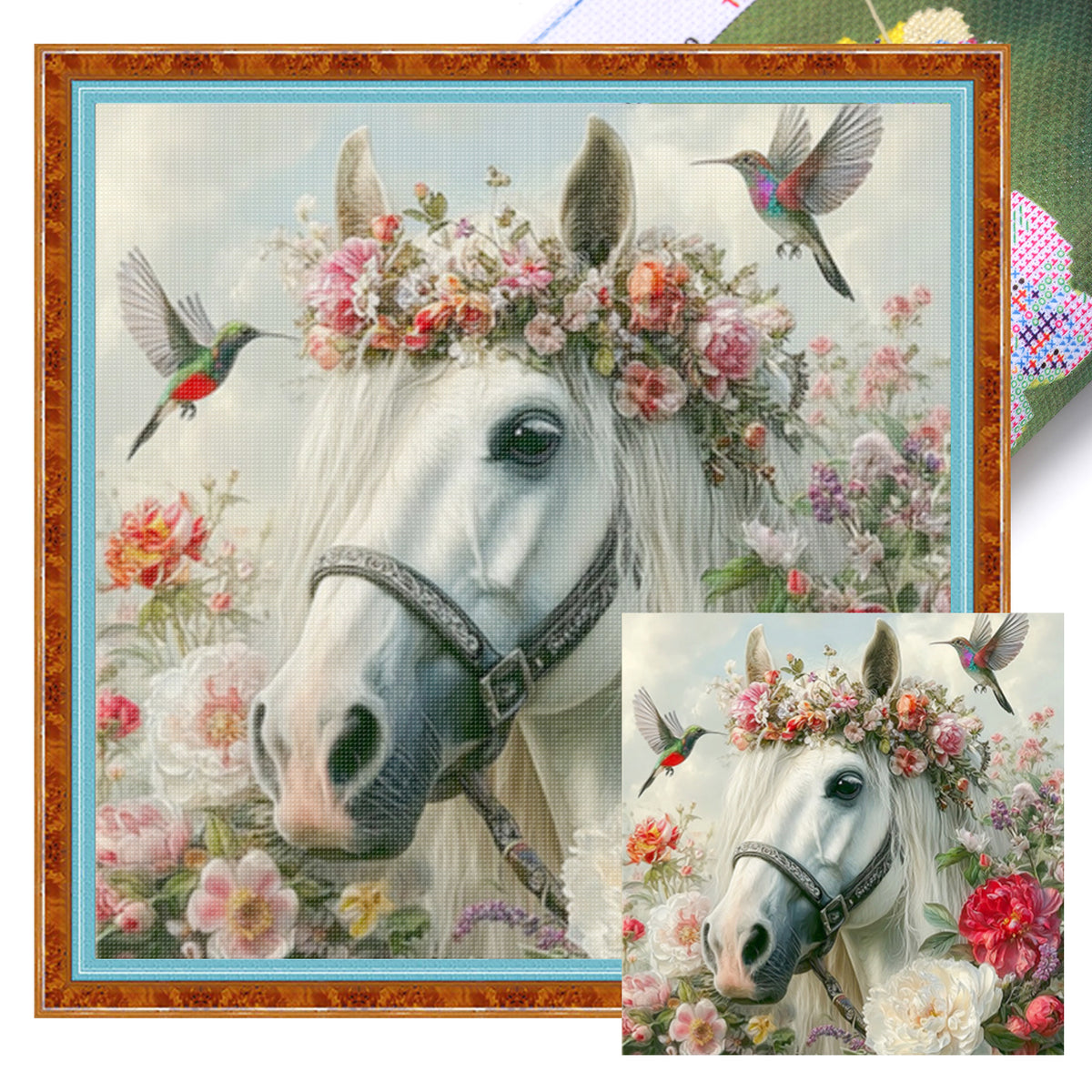 White Horse With Blossoms - Full 11CT Stamped Cross Stitch 40x40CM - Huacan