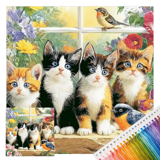 Süße Katze auf dem Fensterbrett - Vollständiges 11CT Stempel-Kreuzstich-Set 40x40CM - Huacan