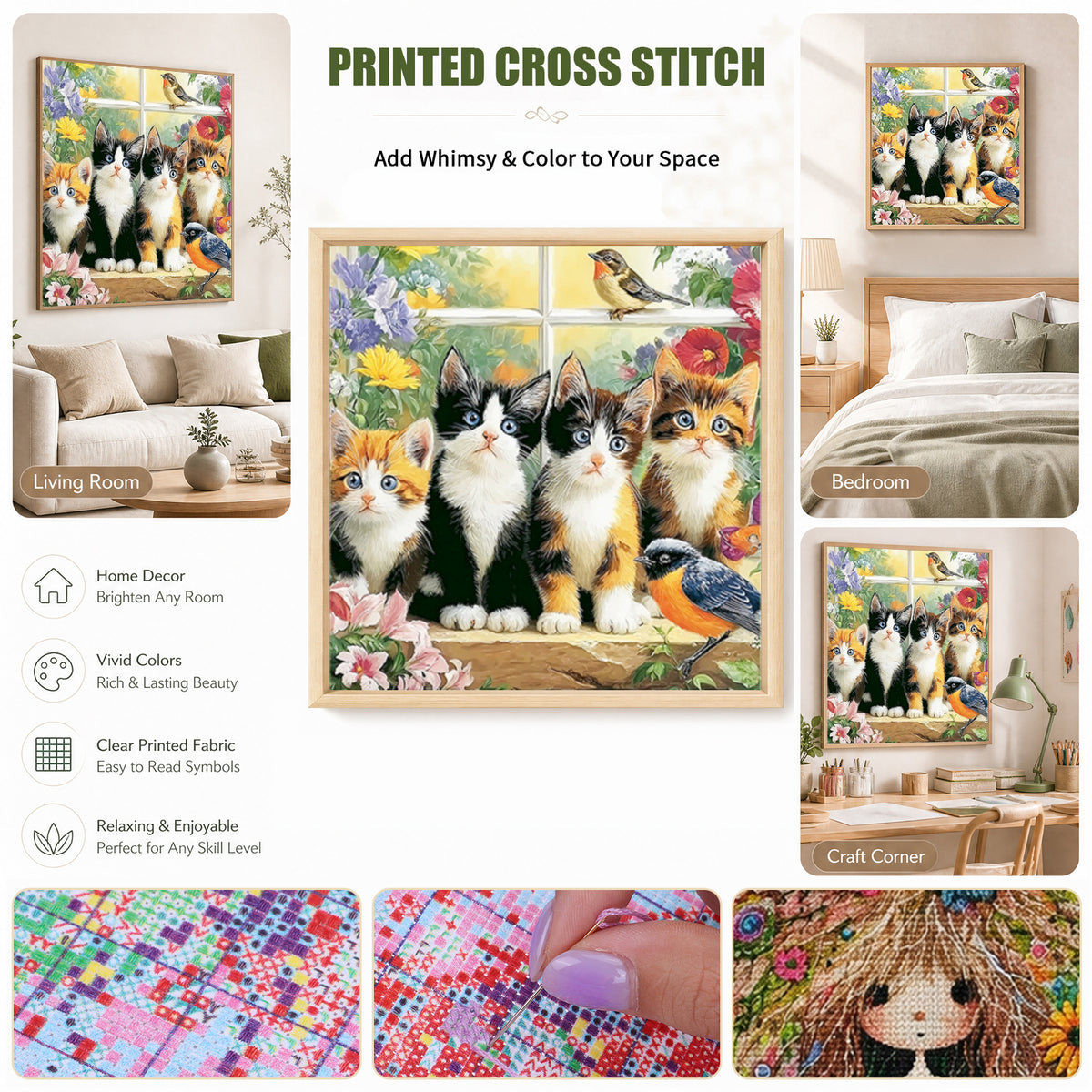 Süße Katze auf dem Fensterbrett - Vollständiges 11CT Stempel-Kreuzstich-Set 40x40CM - Huacan