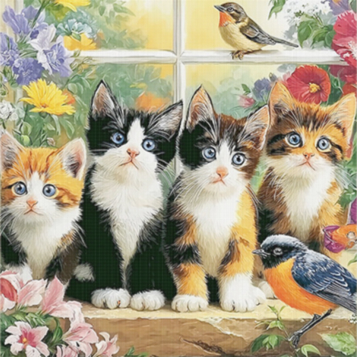 Süße Katze auf dem Fensterbrett - Vollständiges 11CT Stempel-Kreuzstich-Set 40x40CM - Huacan