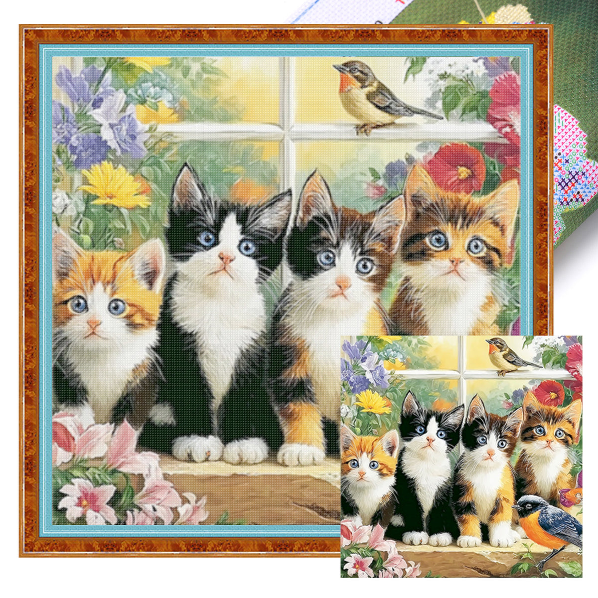 Süße Katze auf dem Fensterbrett - Vollständiges 11CT Stempel-Kreuzstich-Set 40x40CM - Huacan