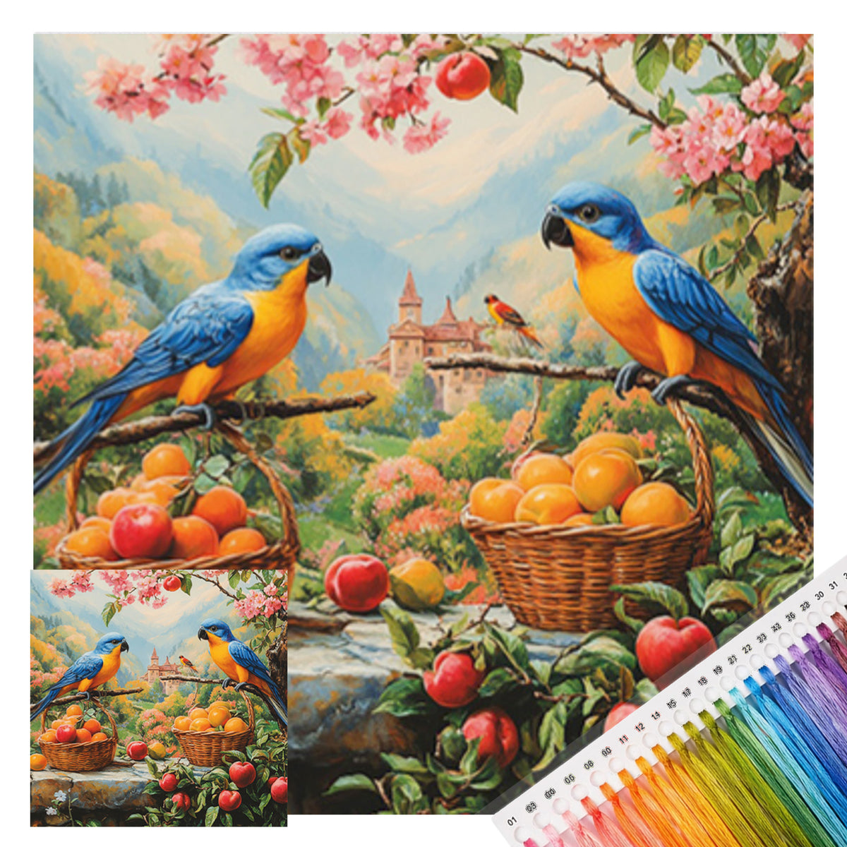 Two Parrots In Orchard - Full 11CT Stamped Cross Stitch 40x40CM - Huacan