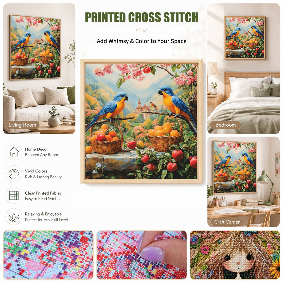 Two Parrots In Orchard - Full 11CT Stamped Cross Stitch 40x40CM - Huacan