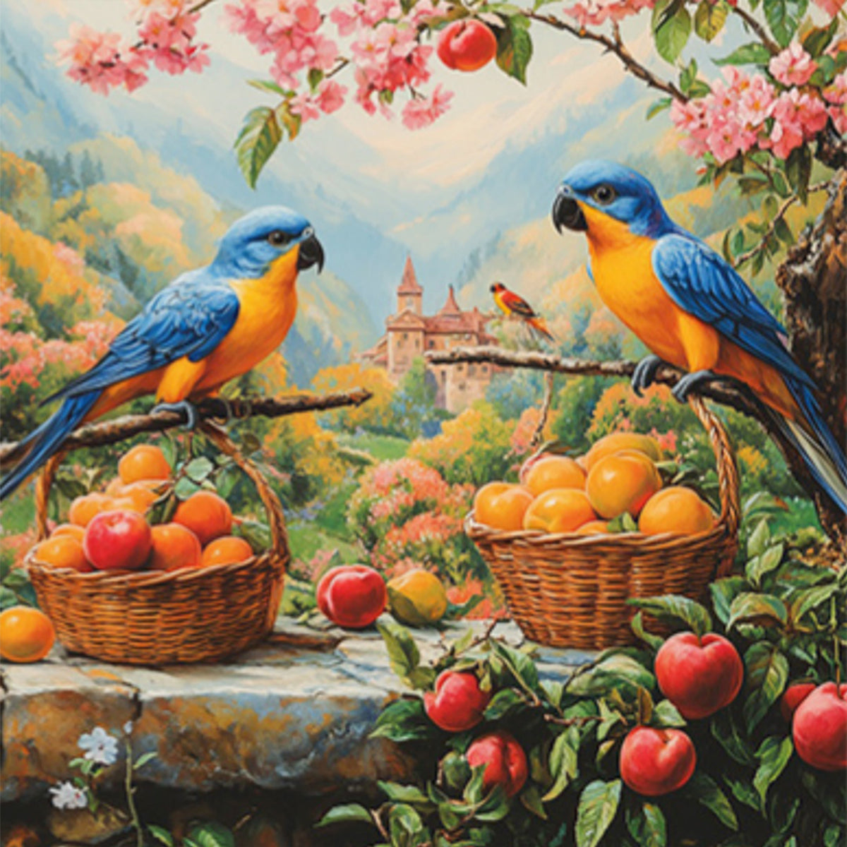 Two Parrots In Orchard - Full 11CT Stamped Cross Stitch 40x40CM - Huacan