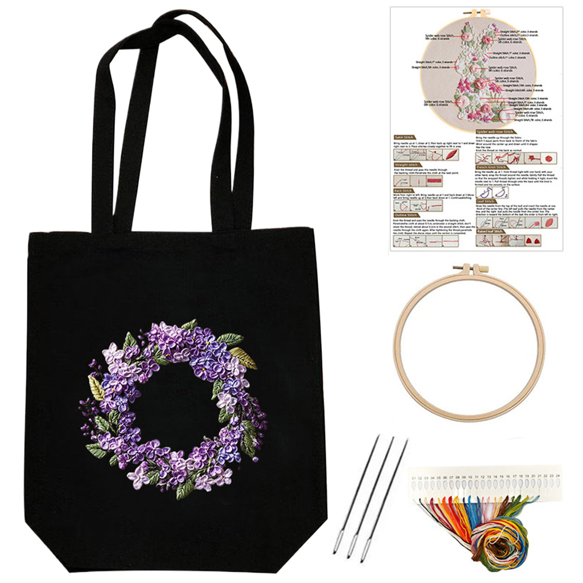 Lilac Wreath - DIY Embroidery Cross Stitch Kit with Pattern Cotton Threads Needles Hoop 32×37CM/12.60×14.57in