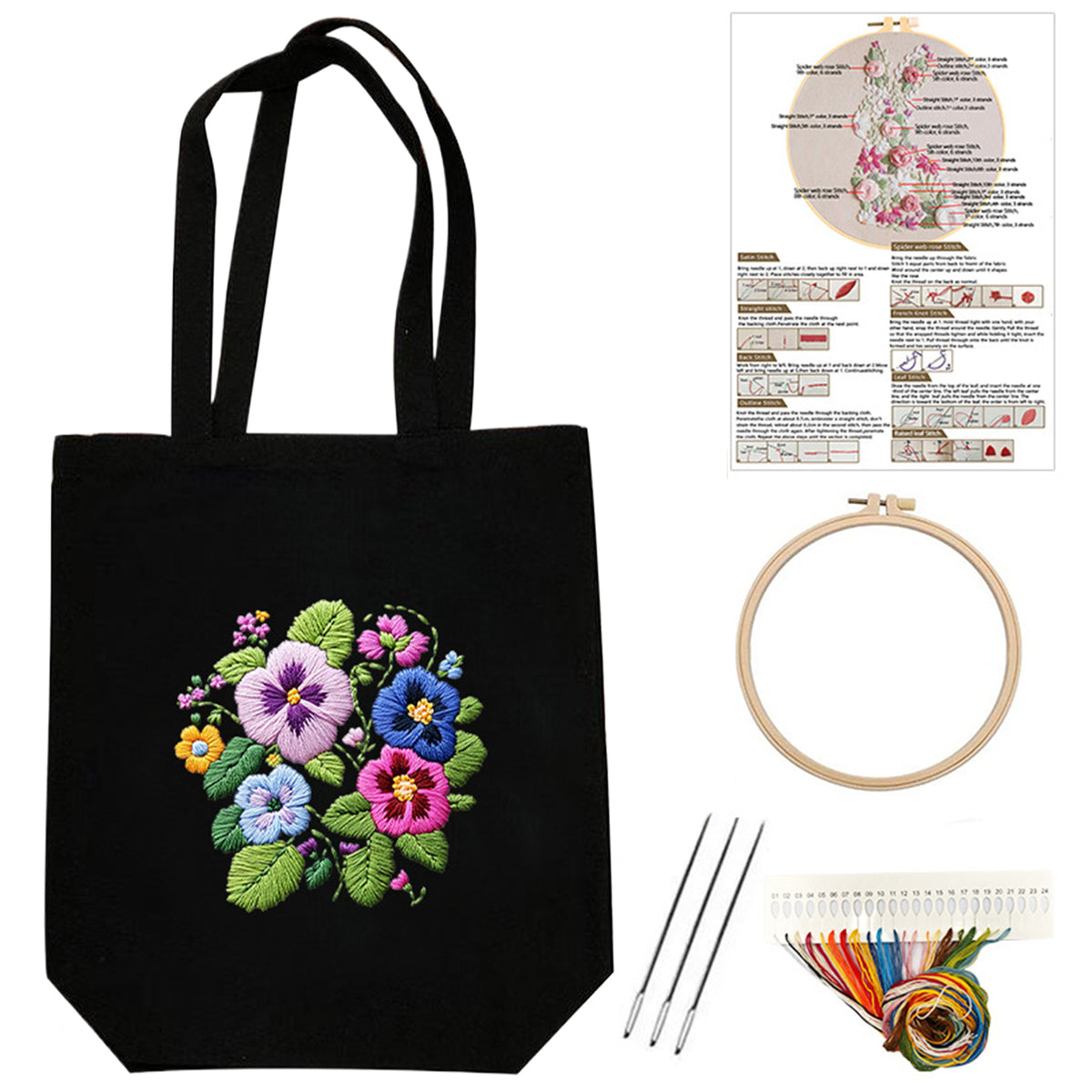 Stiefmütterchen-Blüten – DIY-Stickset für Kreuzstich mit Muster, Baumwollgarnen, Nadeln und Stickrahmen, 32 × 37 cm / 12,60 × 14,57 Zoll