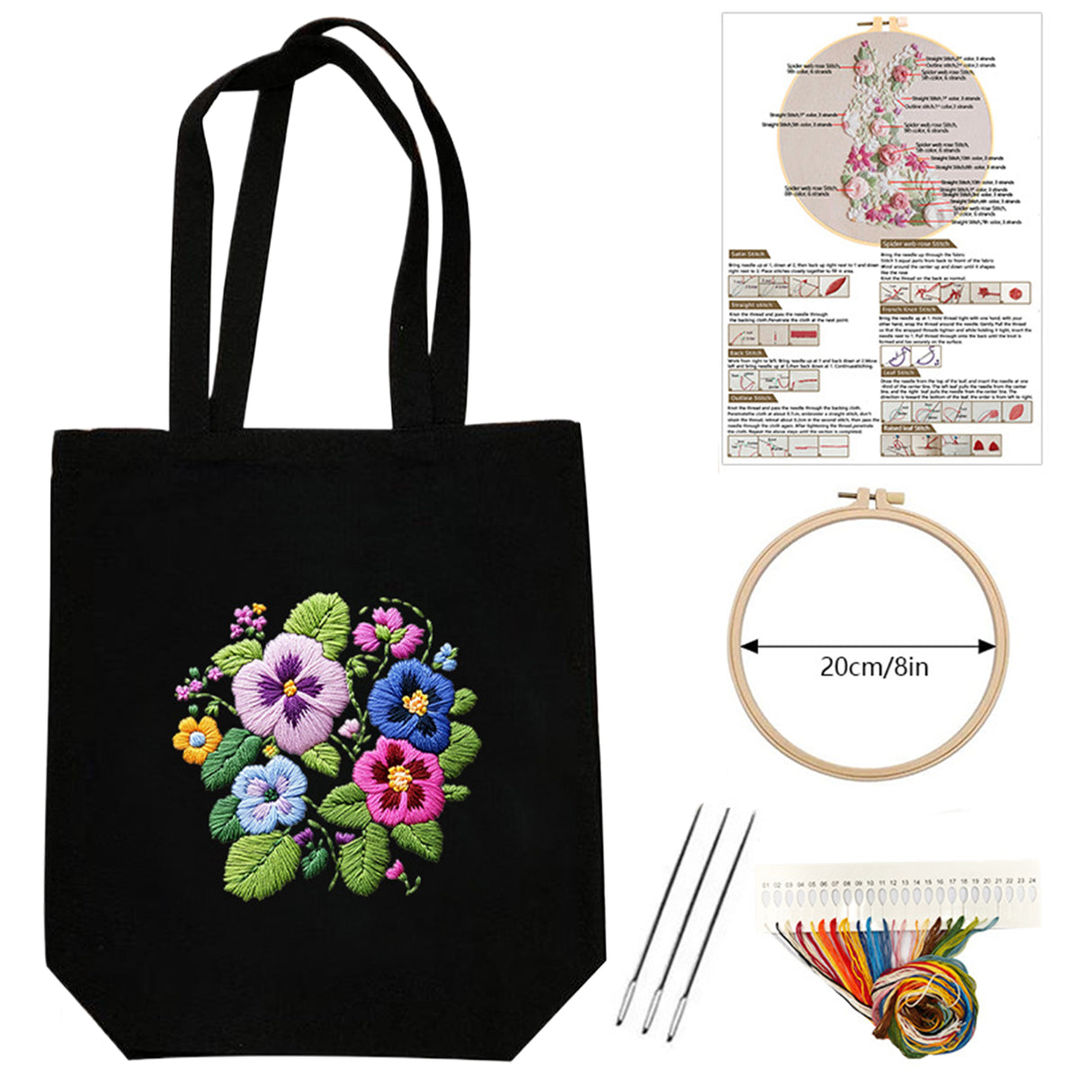 Stiefmütterchen-Blüten – DIY-Stickset für Kreuzstich mit Muster, Baumwollgarnen, Nadeln und Stickrahmen, 32 × 37 cm / 12,60 × 14,57 Zoll