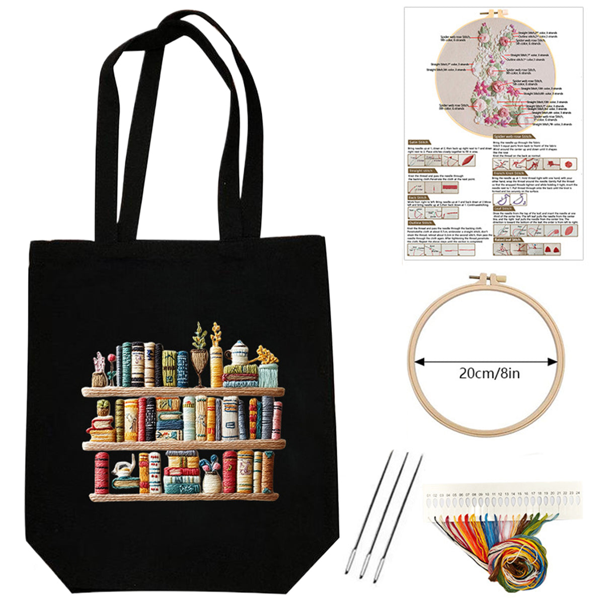 Book Shelf - DIY Embroidery Cross Stitch Kit with Pattern Cotton Threads Needles Hoop 32×37CM/12.60×14.57in