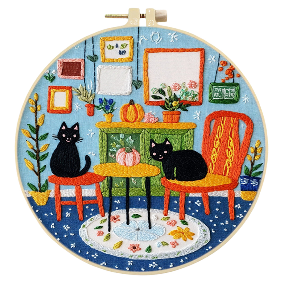 Zwei schwarze Katzen – DIY-Stickpackung Kreuzstich mit Stickvorlage, Baumwollgarn, Nadeln und Stickrahmen 30×30 cm