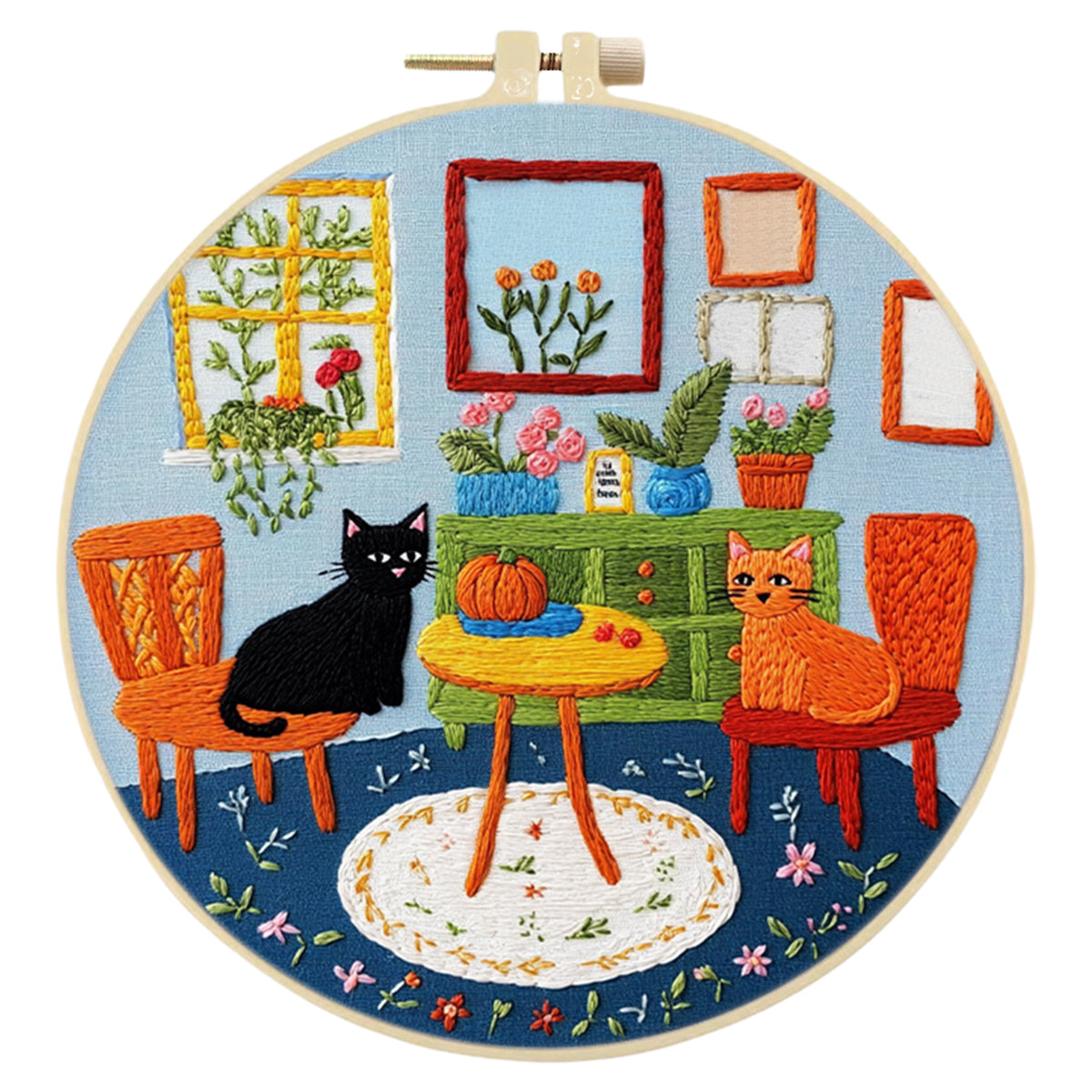 Indoor Cat - DIY Embroidery Cross Stitch Kit with Pattern Cotton Threads Needles Hoop 30×30CM/11.81×11.81in