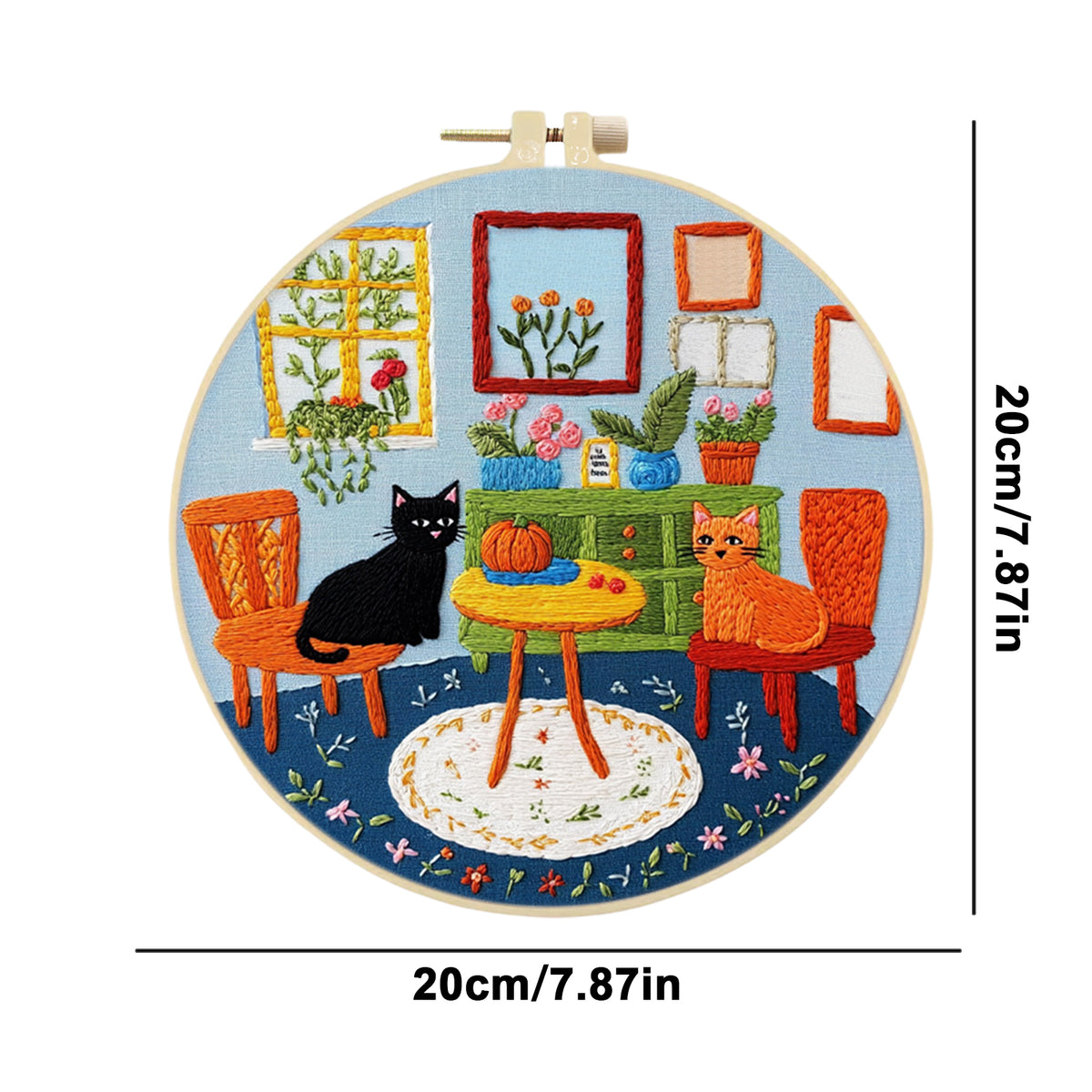 Indoor Cat - DIY Embroidery Cross Stitch Kit with Pattern Cotton Threads Needles Hoop 30×30CM/11.81×11.81in