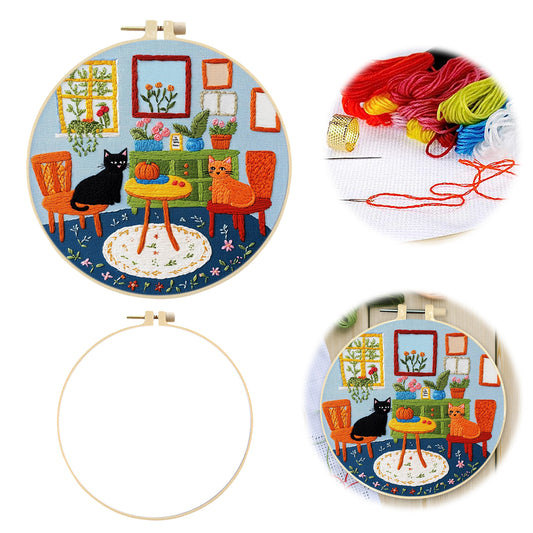 Hauskatze - DIY Stickpackung Kreuzstich-Set mit Vorlage, Baumwollgarnen, Nadeln und Stickrahmen 30×30 cm