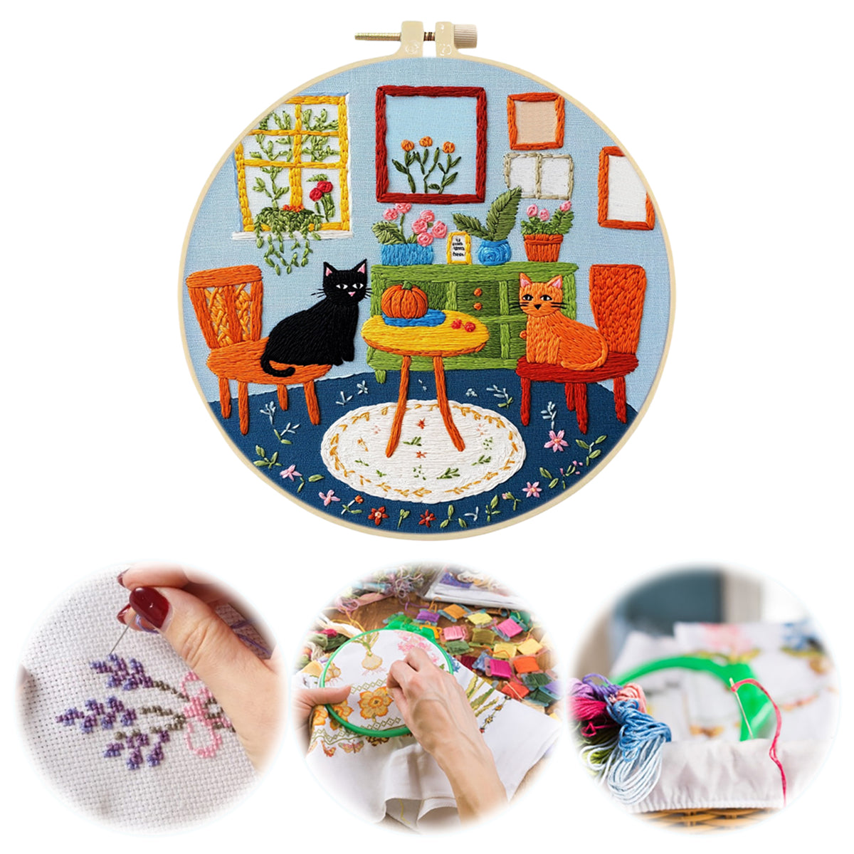 Indoor Cat - DIY Embroidery Cross Stitch Kit with Pattern Cotton Threads Needles Hoop 30×30CM/11.81×11.81in