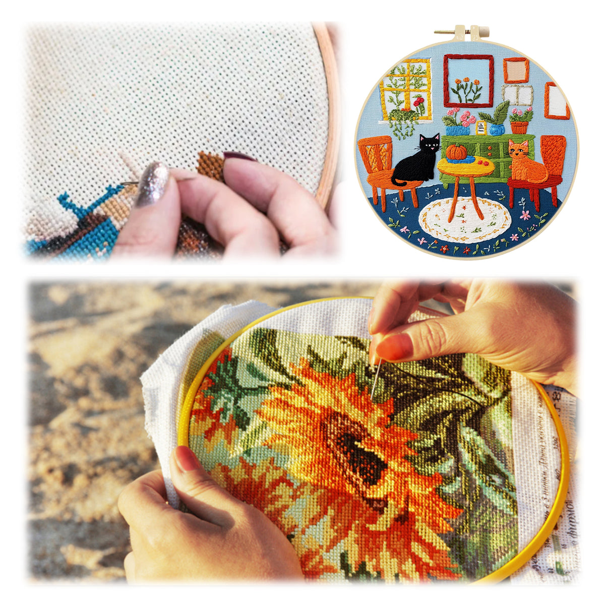 Indoor Cat - DIY Embroidery Cross Stitch Kit with Pattern Cotton Threads Needles Hoop 30×30CM/11.81×11.81in