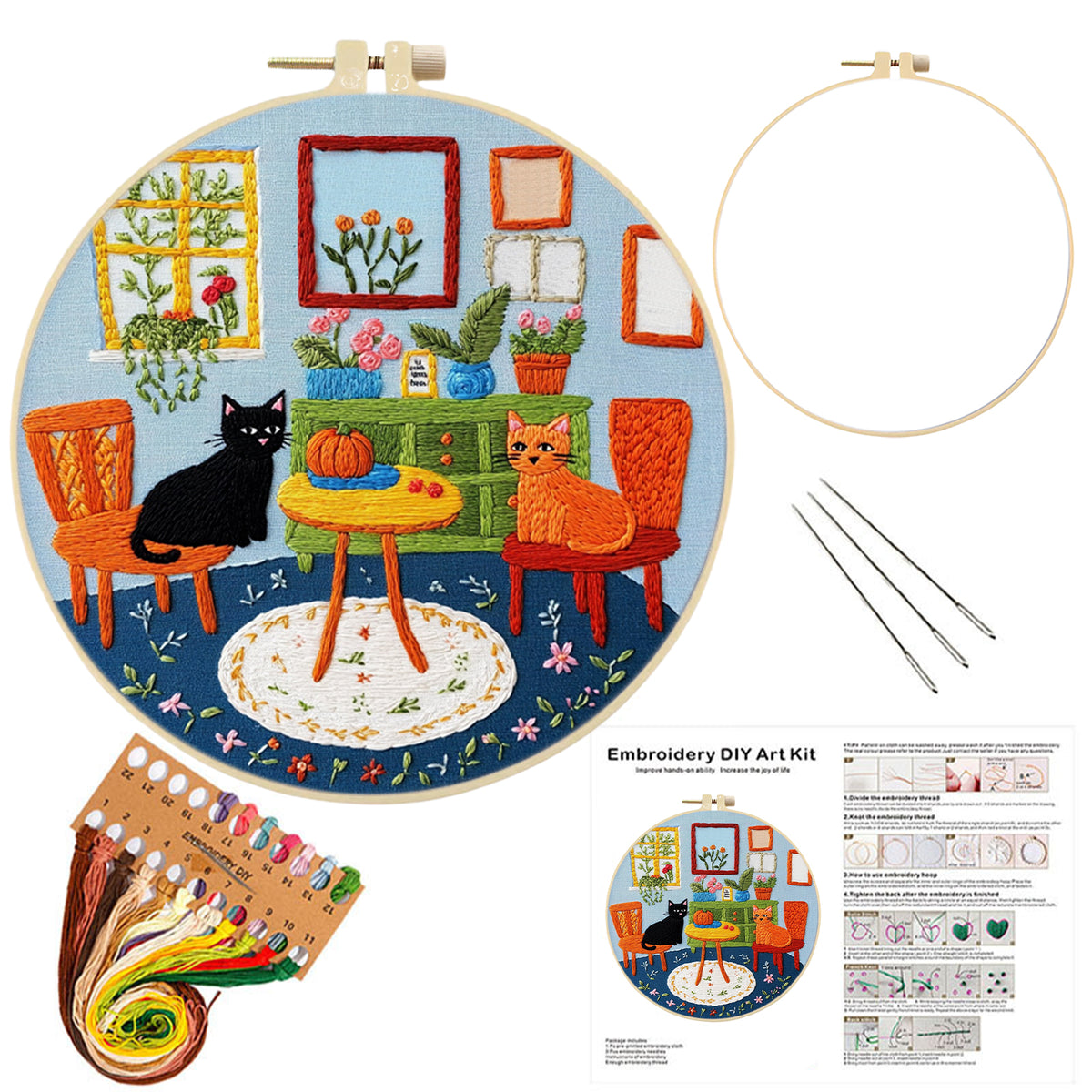 Indoor Cat - DIY Embroidery Cross Stitch Kit with Pattern Cotton Threads Needles Hoop 30×30CM/11.81×11.81in