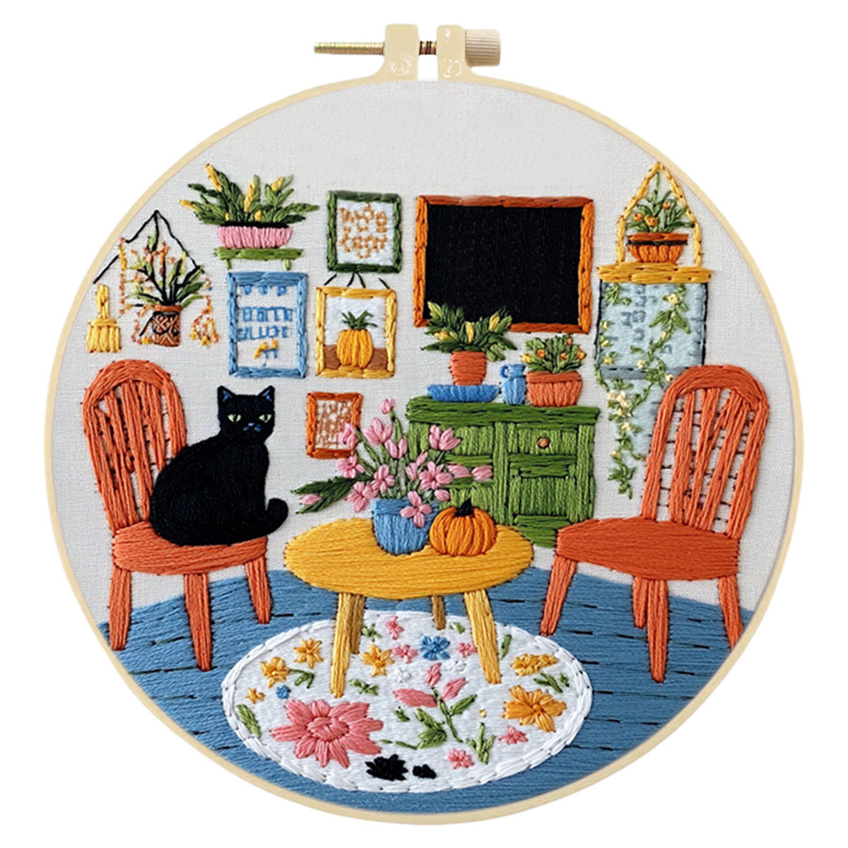 Solo Black Cat - DIY Embroidery Cross Stitch Kit with Pattern Cotton Threads Needles Hoop 30×30CM/11.81×11.81in