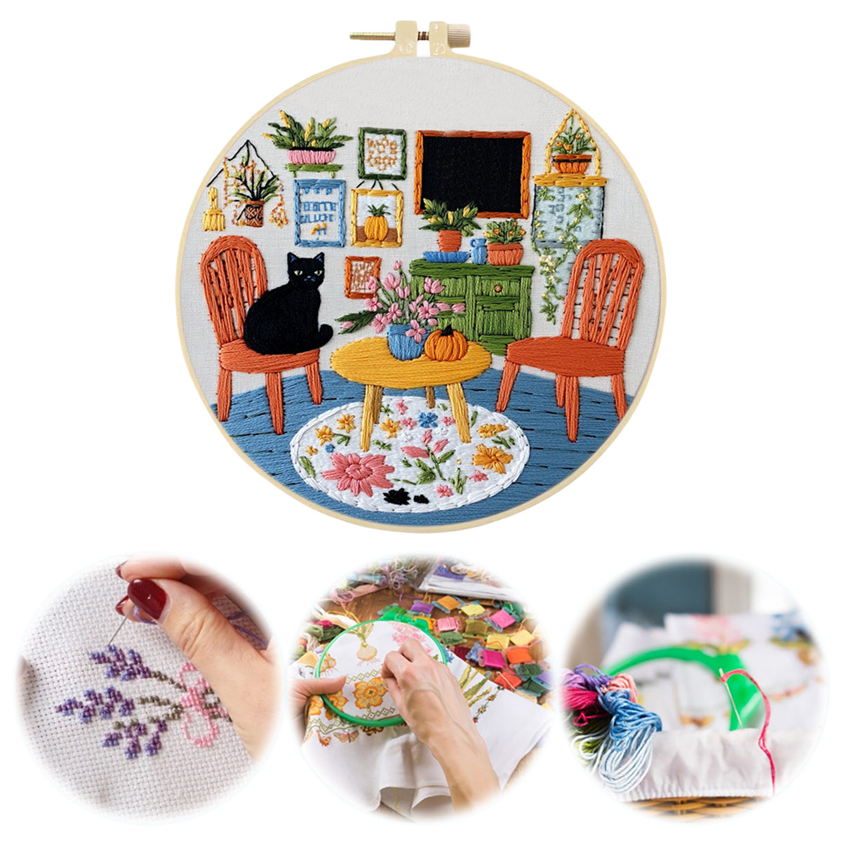 Solo Black Cat - DIY Embroidery Cross Stitch Kit with Pattern Cotton Threads Needles Hoop 30×30CM/11.81×11.81in