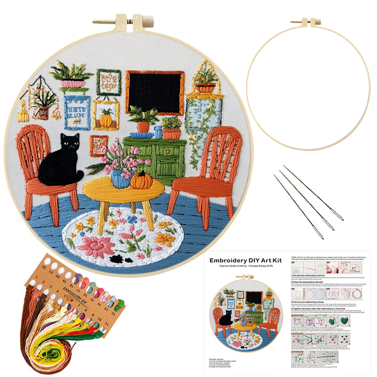 Solo Black Cat - DIY Embroidery Cross Stitch Kit with Pattern Cotton Threads Needles Hoop 30×30CM/11.81×11.81in