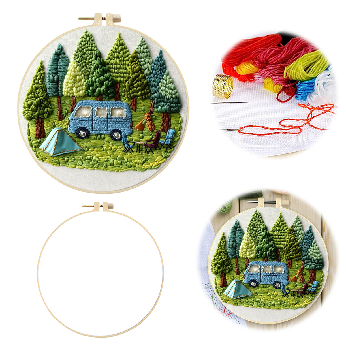 Forest Camp - DIY Embroidery Cross Stitch Kit with Pattern Cotton Threads Needles Hoop 30×30CM/11.81×11.81in