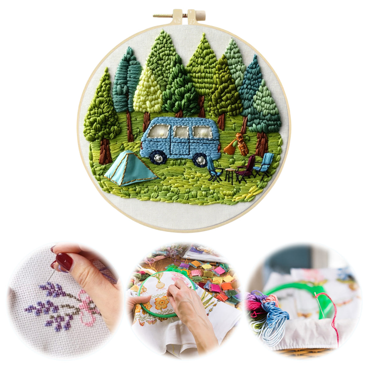 Forest Camp - DIY Embroidery Cross Stitch Kit with Pattern Cotton Threads Needles Hoop 30×30CM/11.81×11.81in