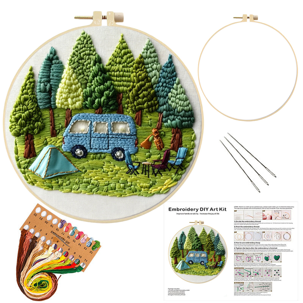 Forest Camp - DIY Embroidery Cross Stitch Kit with Pattern Cotton Threads Needles Hoop 30×30CM/11.81×11.81in