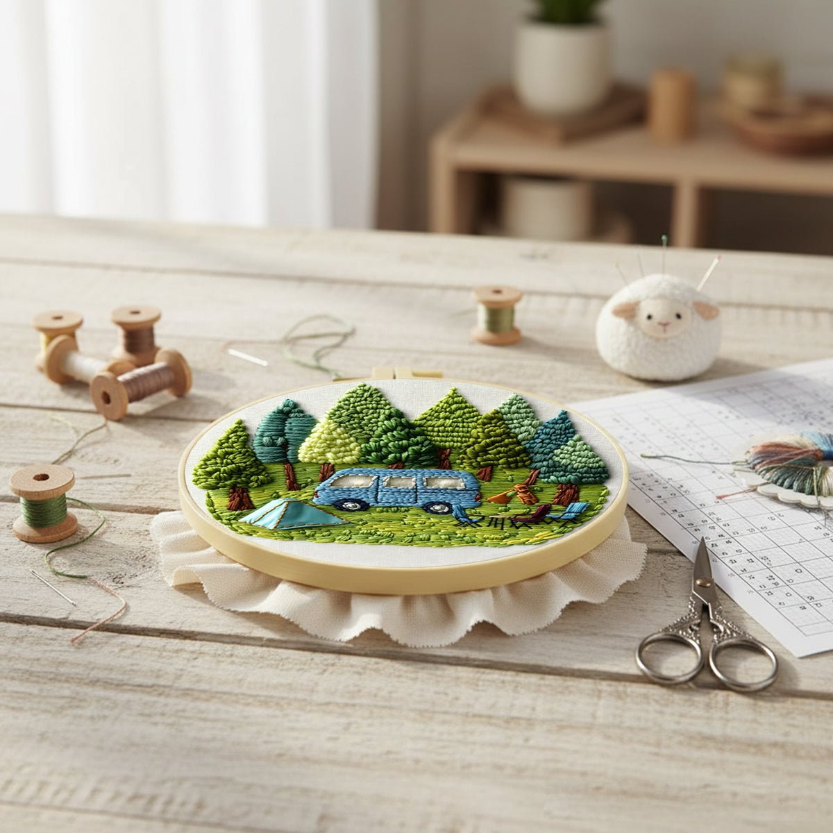 Forest Camp - DIY Embroidery Cross Stitch Kit with Pattern Cotton Threads Needles Hoop 30×30CM/11.81×11.81in