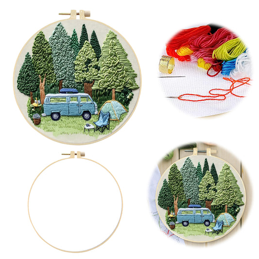 Woods Van - DIY Embroidery Cross Stitch Kit with Pattern Cotton Threads Needles Hoop 30×30CM/11.81×11.81in