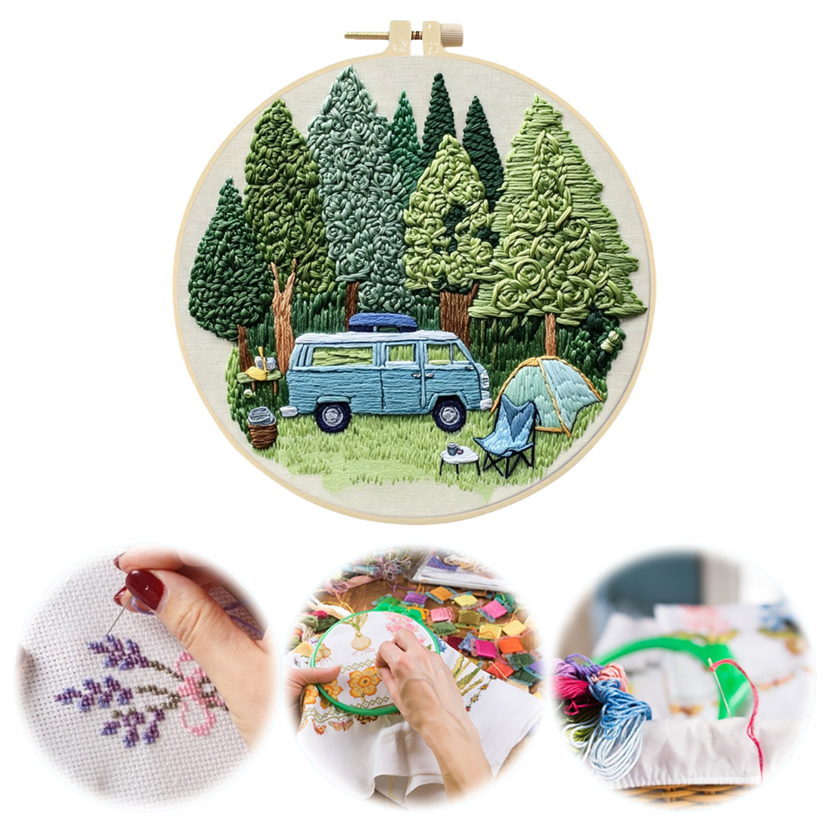 Woods Van - DIY Embroidery Cross Stitch Kit with Pattern Cotton Threads Needles Hoop 30×30CM/11.81×11.81in