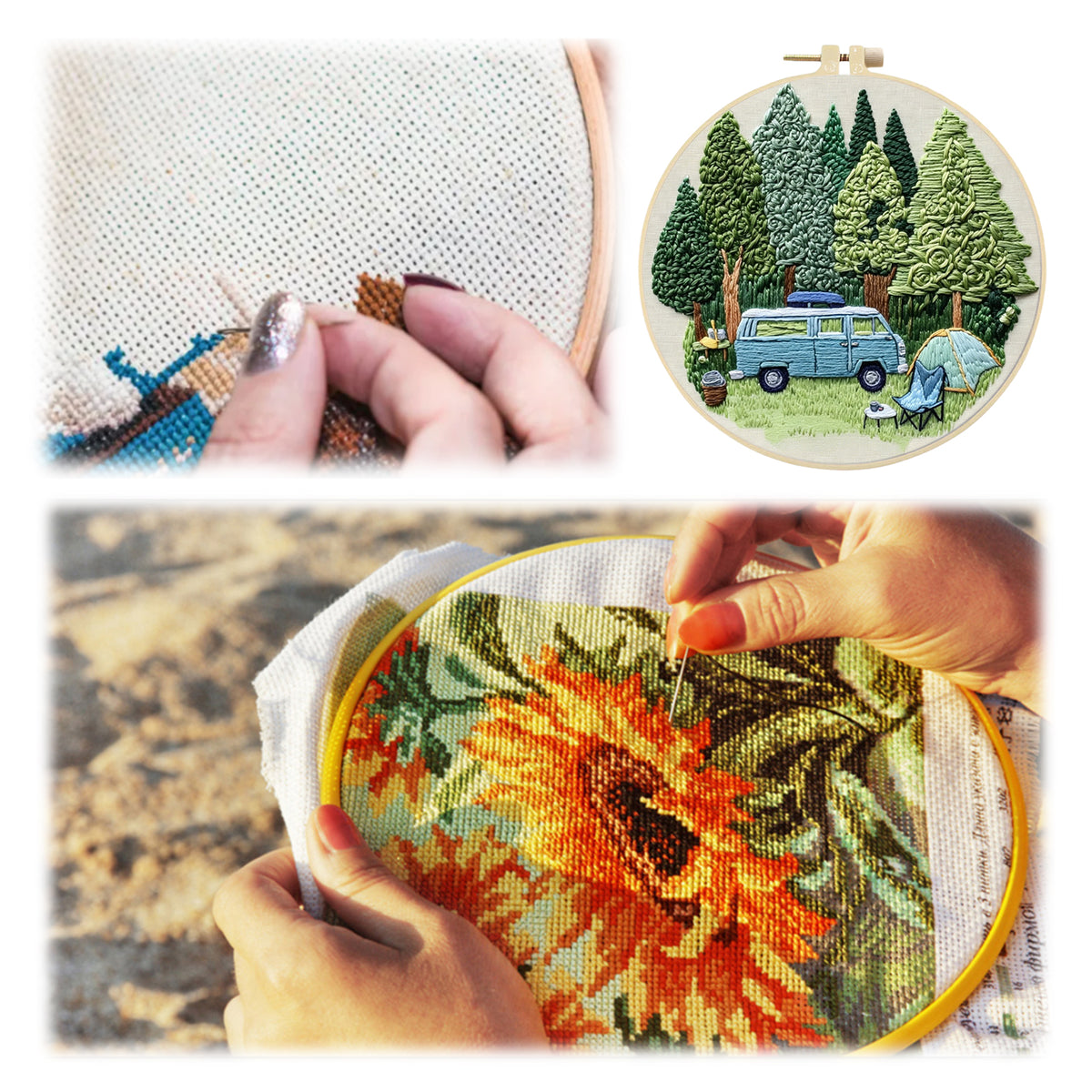 Woods Van - DIY Embroidery Cross Stitch Kit with Pattern Cotton Threads Needles Hoop 30×30CM/11.81×11.81in
