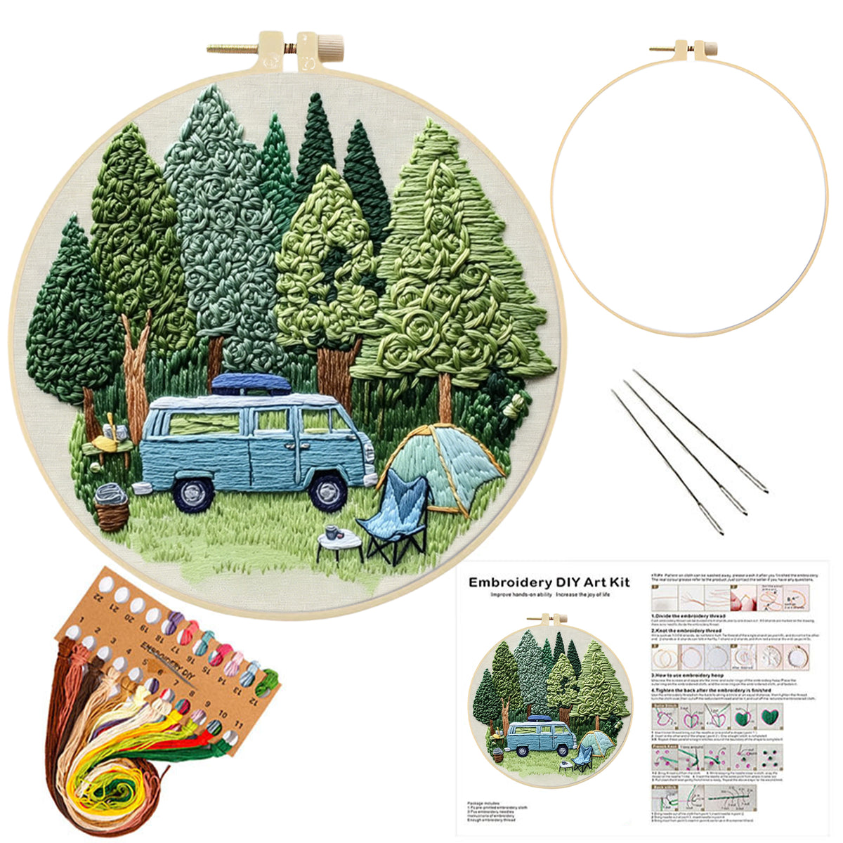 Woods Van - DIY Embroidery Cross Stitch Kit with Pattern Cotton Threads Needles Hoop 30×30CM/11.81×11.81in