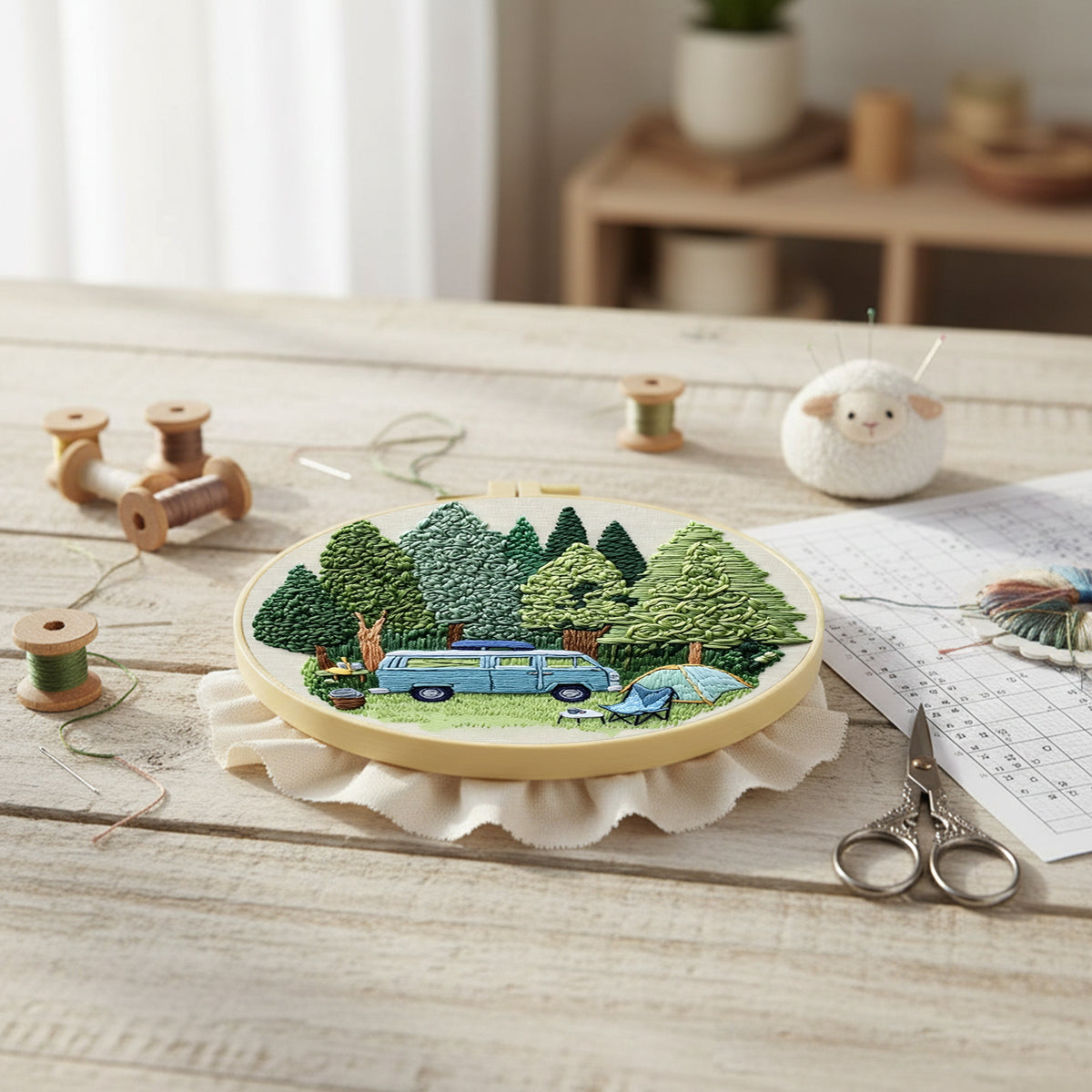 Woods Van - DIY Embroidery Cross Stitch Kit with Pattern Cotton Threads Needles Hoop 30×30CM/11.81×11.81in
