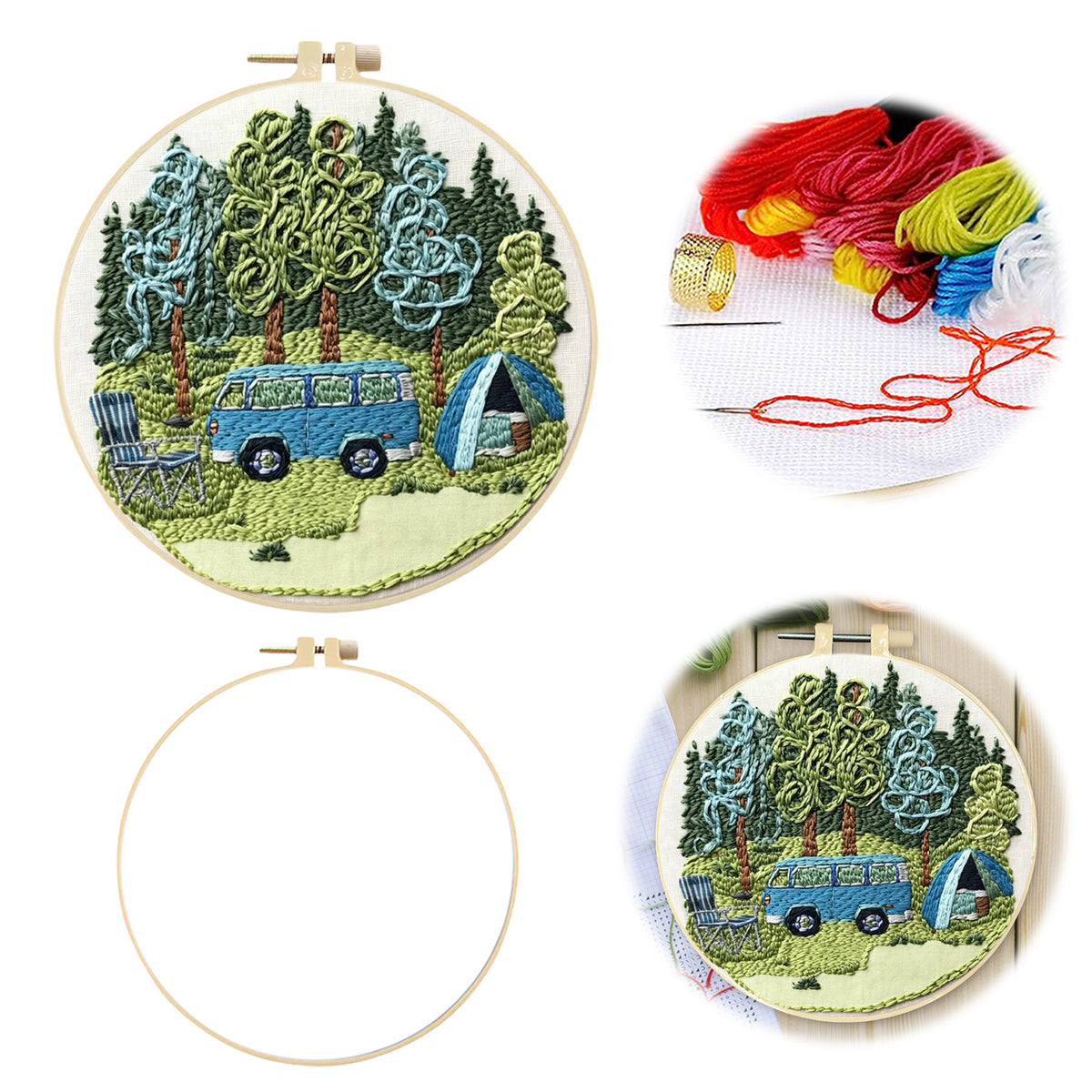 Wild Camping - DIY Embroidery Cross Stitch Kit with Pattern Cotton Threads Needles Hoop 30×30CM/11.81×11.81in