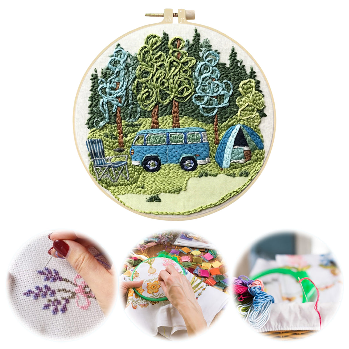 Wild Camping - DIY Embroidery Cross Stitch Kit with Pattern Cotton Threads Needles Hoop 30×30CM/11.81×11.81in