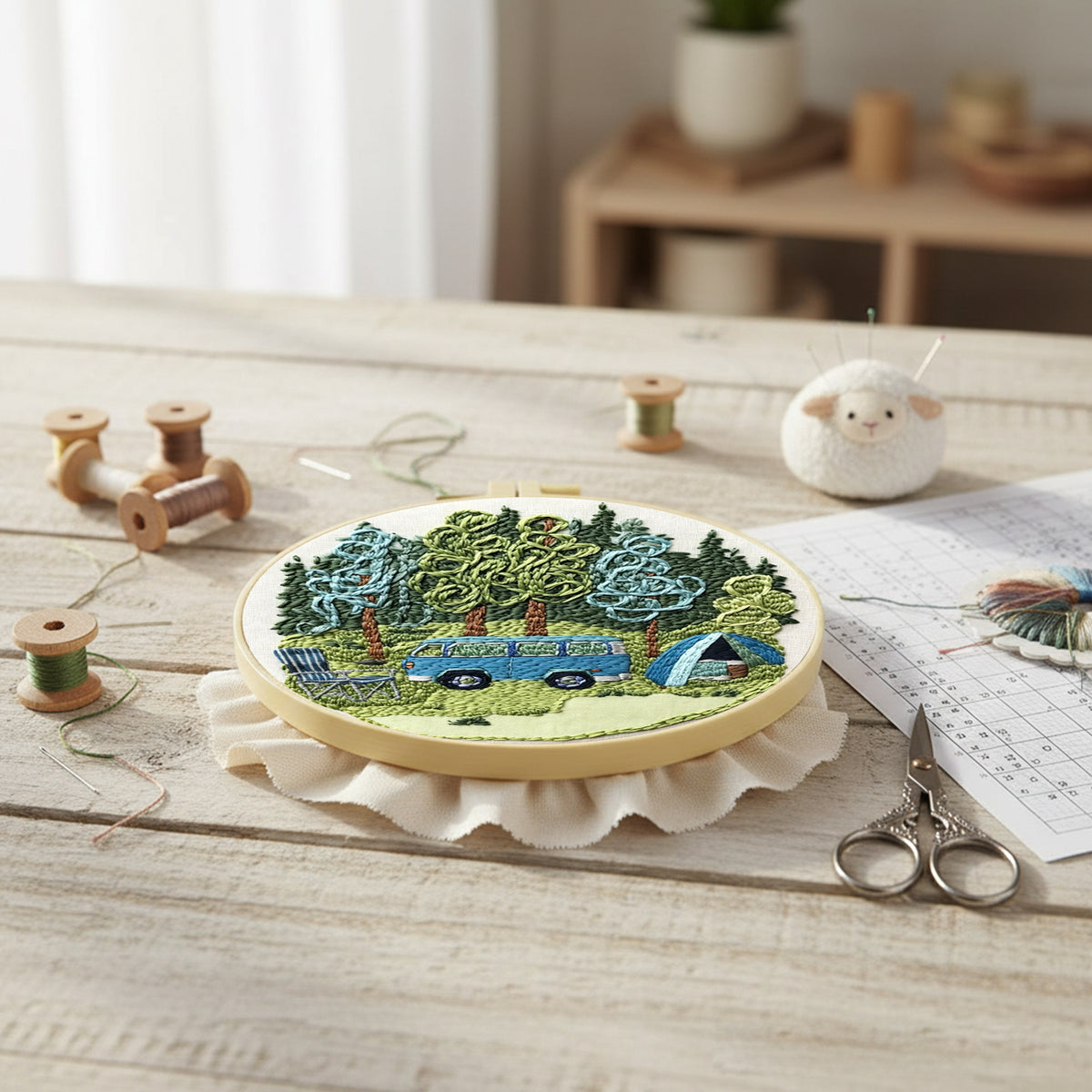 Wild Camping - DIY Embroidery Cross Stitch Kit with Pattern Cotton Threads Needles Hoop 30×30CM/11.81×11.81in