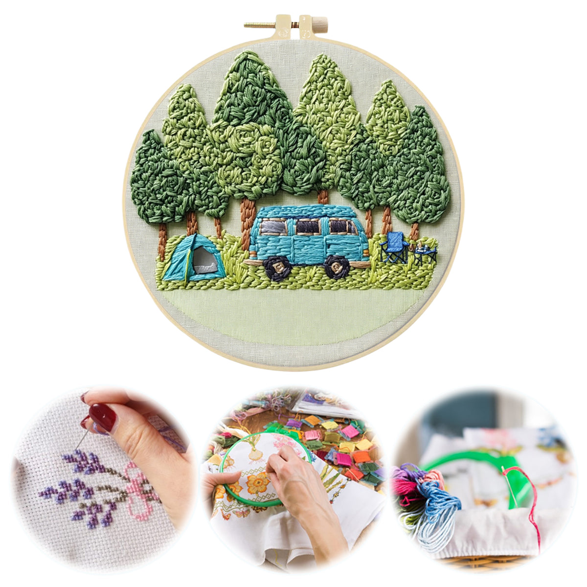 Pine Camp – DIY-Stickset für Kreuzstich mit Vorlage, Baumwollgarnen, Nadeln und Stickrahmen, 30 × 30 cm / 11,81 × 11,81 Zoll