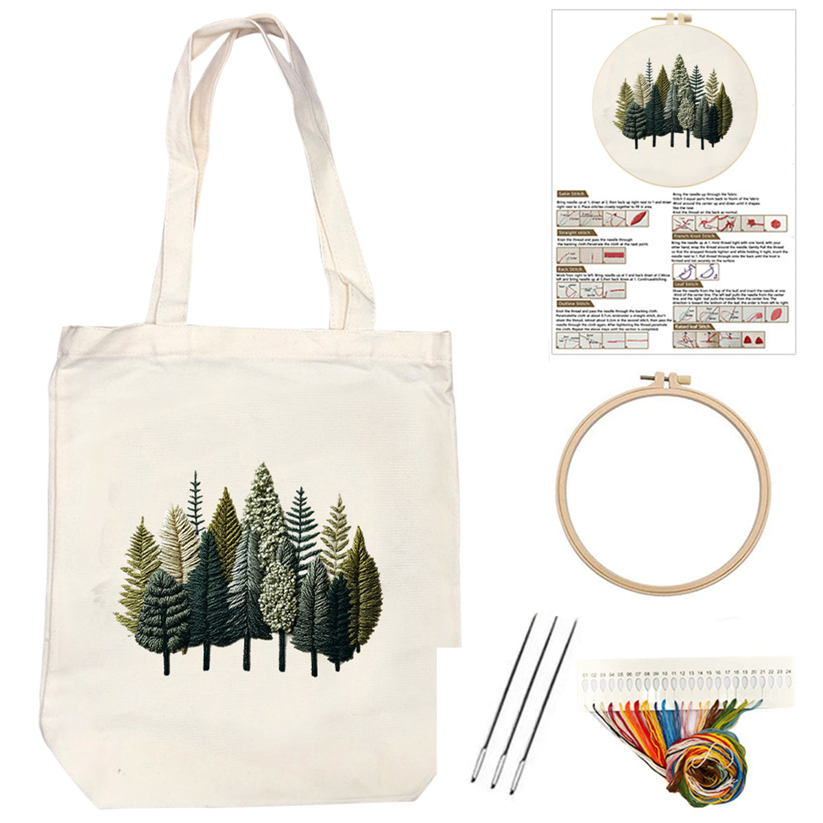 Green Pines - DIY Embroidery Cross Stitch Kit with Pattern Cotton Threads Needles Hoop 32×37CM/12.60×14.57in