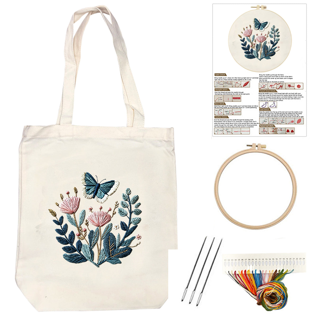 Blauer Schmetterling – DIY-Stickpackung Kreuzstich mit Vorlage, Baumwollgarnen, Nadeln und Stickrahmen 32×37 cm