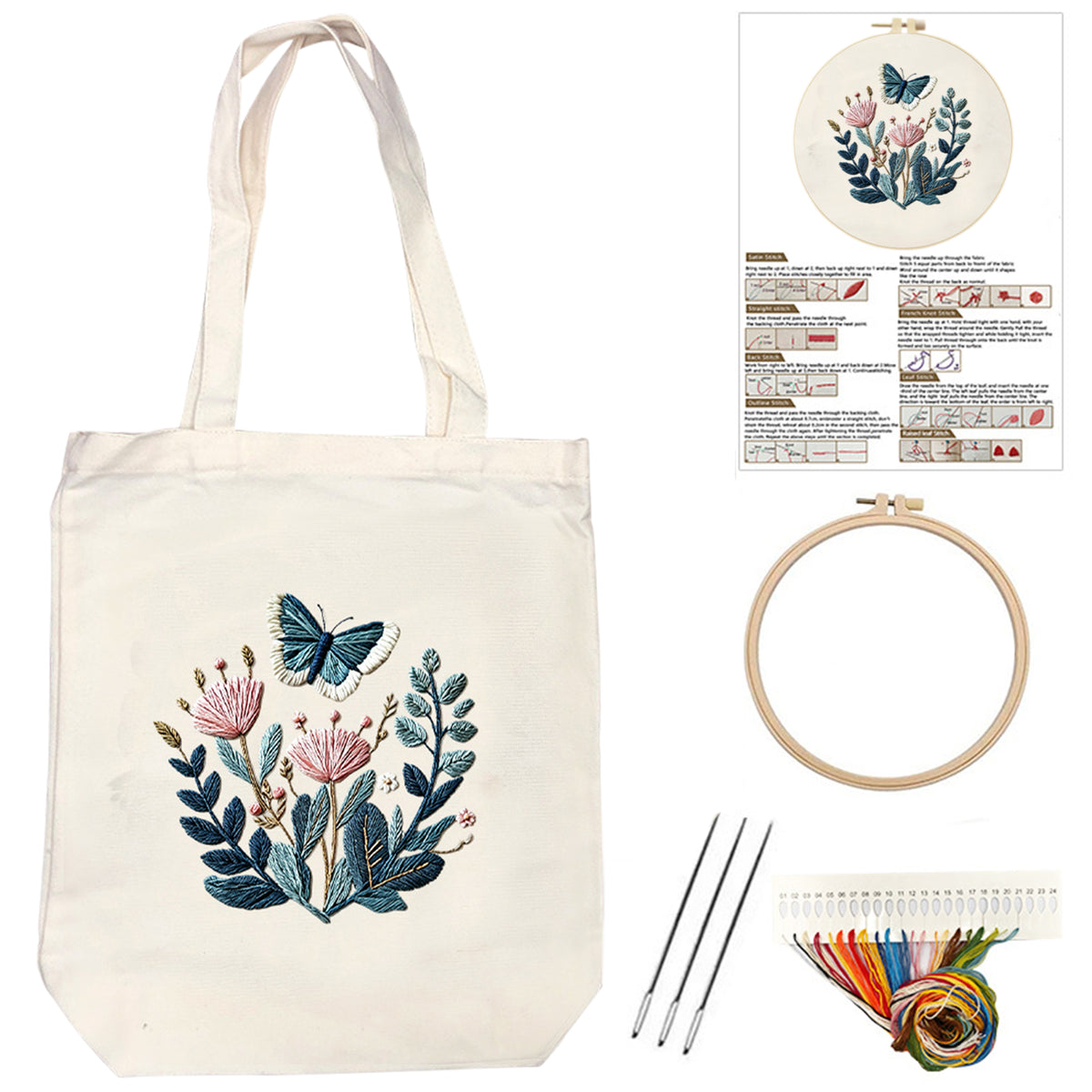Blauer Schmetterling – DIY-Stickpackung Kreuzstich mit Vorlage, Baumwollgarnen, Nadeln und Stickrahmen 32×37 cm
