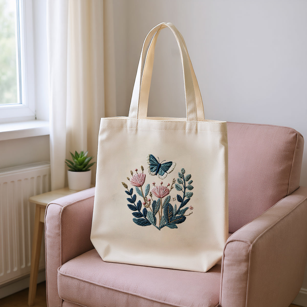 Blauer Schmetterling – DIY-Stickpackung Kreuzstich mit Vorlage, Baumwollgarnen, Nadeln und Stickrahmen 32×37 cm