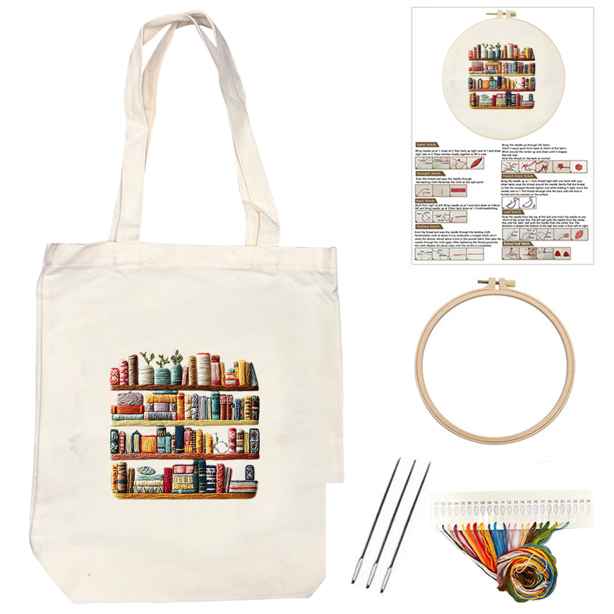 Book Shelf - DIY Embroidery Cross Stitch Kit with Pattern Cotton Threads Needles Hoop 32×37CM/12.60×14.57in