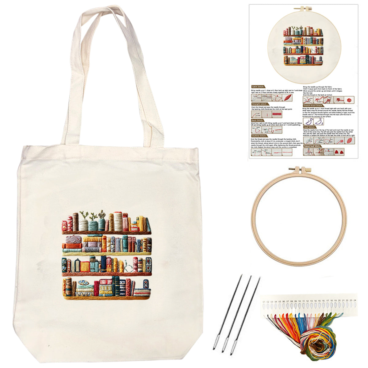 Book Shelf - DIY Embroidery Cross Stitch Kit with Pattern Cotton Threads Needles Hoop 32×37CM/12.60×14.57in