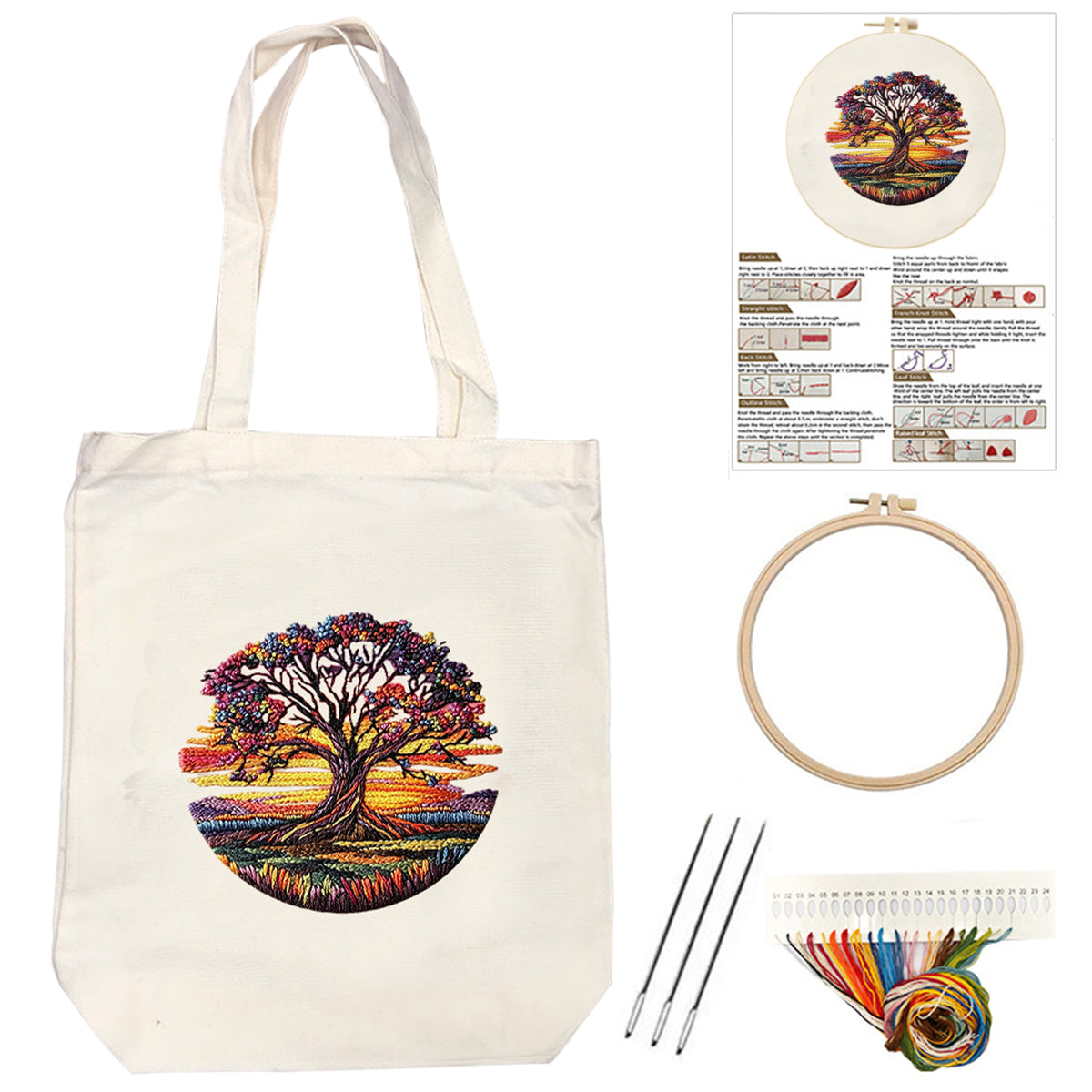 Rainbow Tree - DIY Embroidery Cross Stitch Kit with Pattern Cotton Threads Needles Hoop 32×37CM/12.60×14.57in