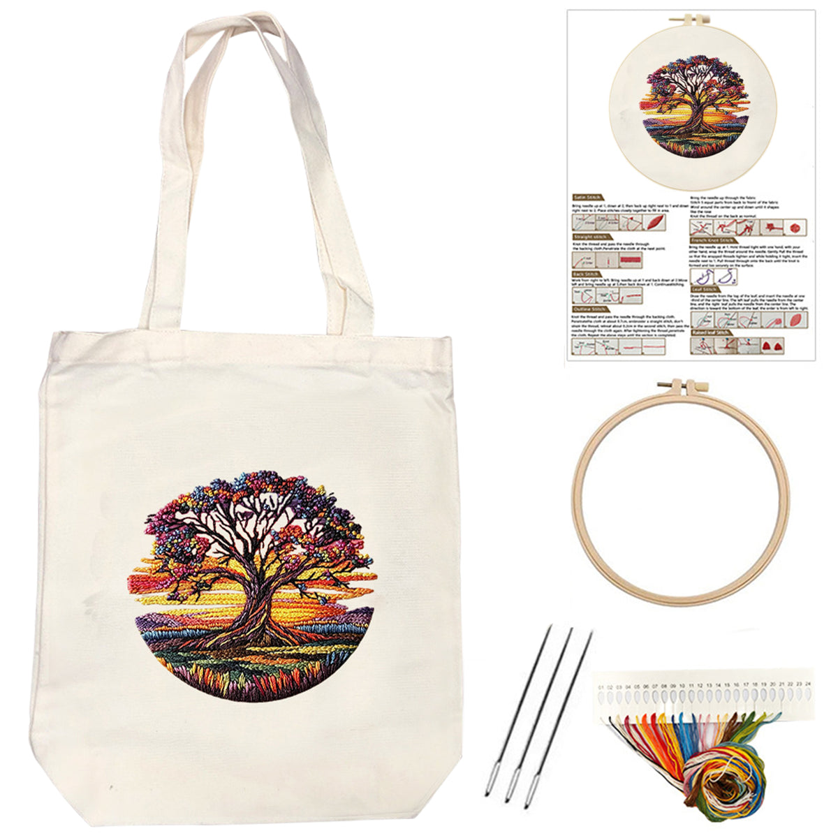Rainbow Tree - DIY Embroidery Cross Stitch Kit with Pattern Cotton Threads Needles Hoop 32×37CM/12.60×14.57in