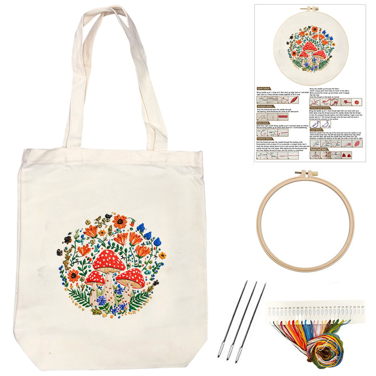Forest Mushrooms - DIY Embroidery Cross Stitch Kit with Pattern Cotton Threads Needles Hoop 32×37CM/12.60×14.57in