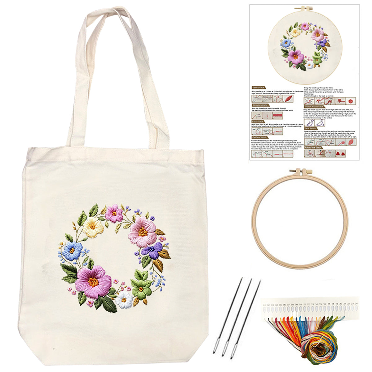 Blumenkranz – DIY-Stickset für Kreuzstich mit Muster, Baumwollgarnen, Nadeln und Stickrahmen, 32×37 cm