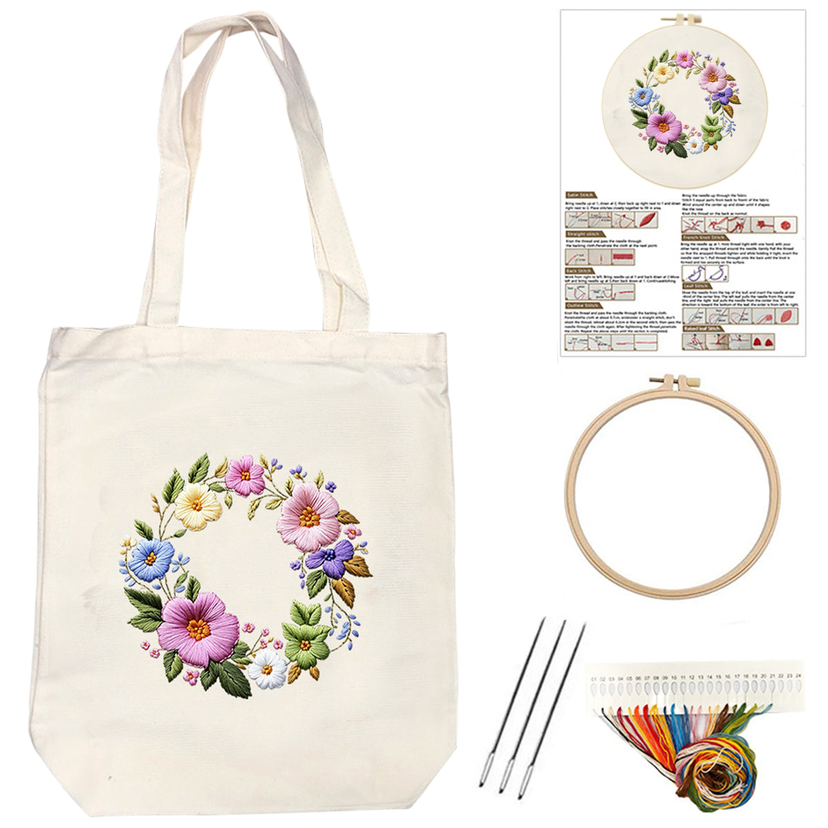 Blumenkranz – DIY-Stickset für Kreuzstich mit Muster, Baumwollgarnen, Nadeln und Stickrahmen, 32×37 cm