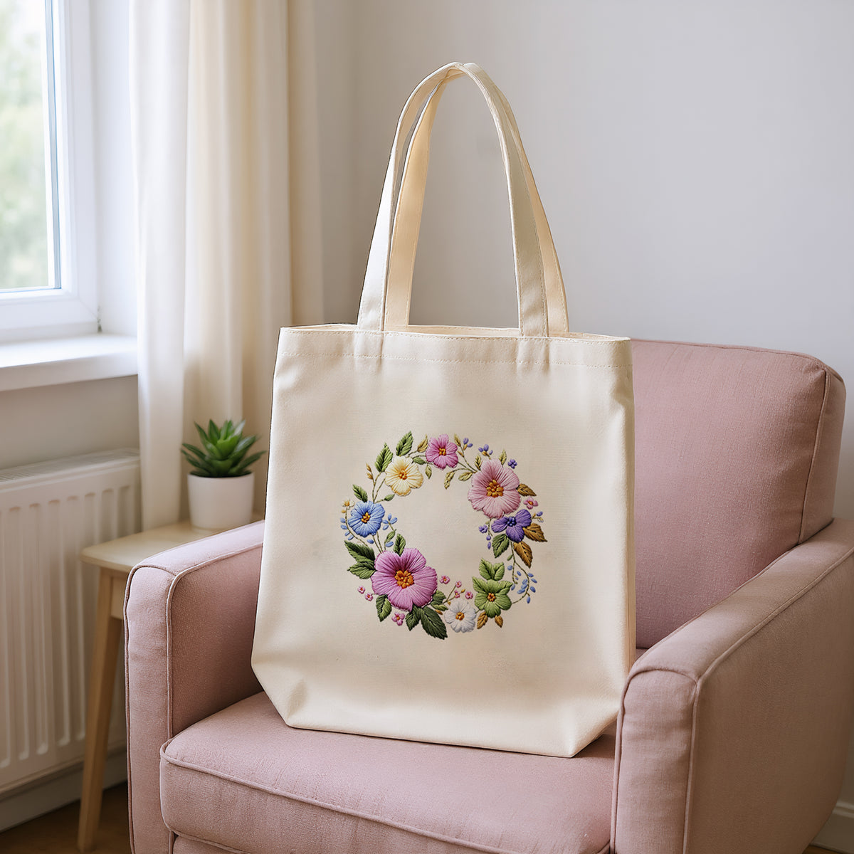 Blumenkranz – DIY-Stickset für Kreuzstich mit Muster, Baumwollgarnen, Nadeln und Stickrahmen, 32×37 cm
