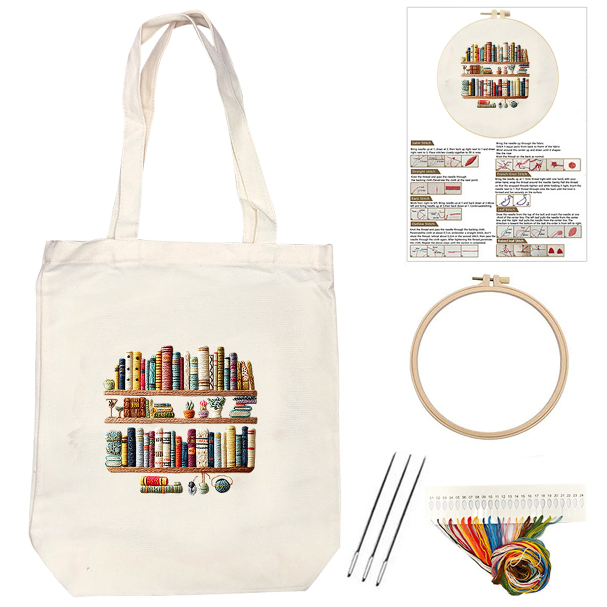 Bücherregal - DIY Stickset Kreuzstich mit Vorlage, Baumwollgarnen, Nadeln und Stickrahmen 32 × 37 cm / 12,60 × 14,57 Zoll