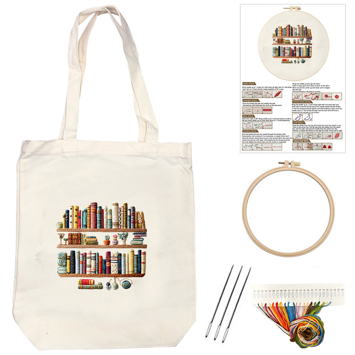 Bücherregal - DIY Stickset Kreuzstich mit Vorlage, Baumwollgarnen, Nadeln und Stickrahmen 32 × 37 cm / 12,60 × 14,57 Zoll
